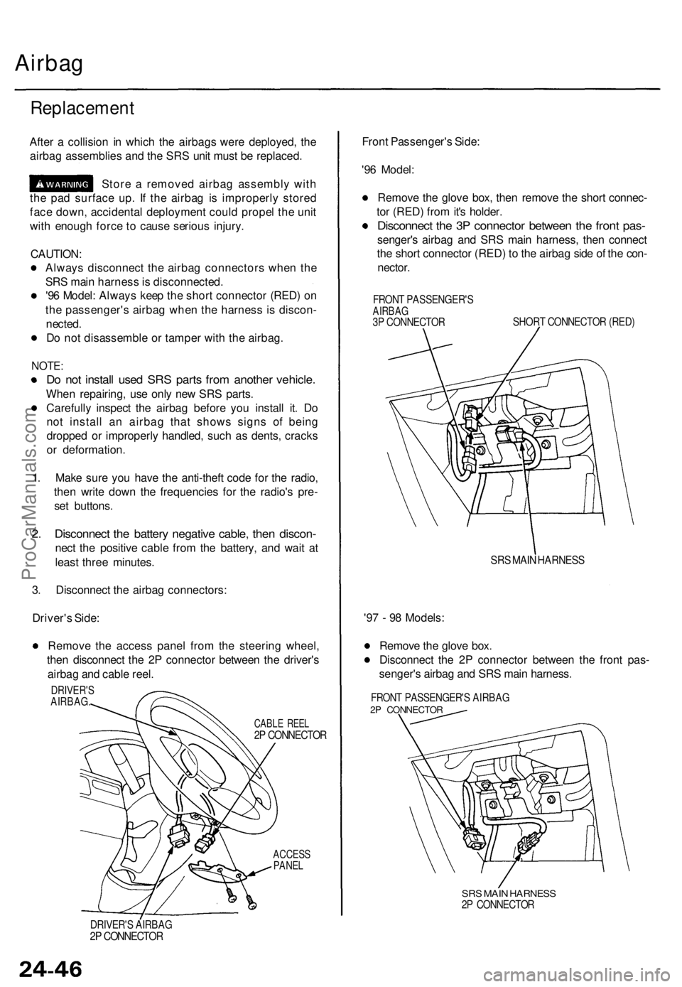 ACURA TL 1995  Service Repair Manual 
Airbag

Replacement

After a collision in which the airbags were deployed, the

airbag assemblies and the SRS unit must be replaced.

Store a removed airbag assembly with

the pad surface up. If the 