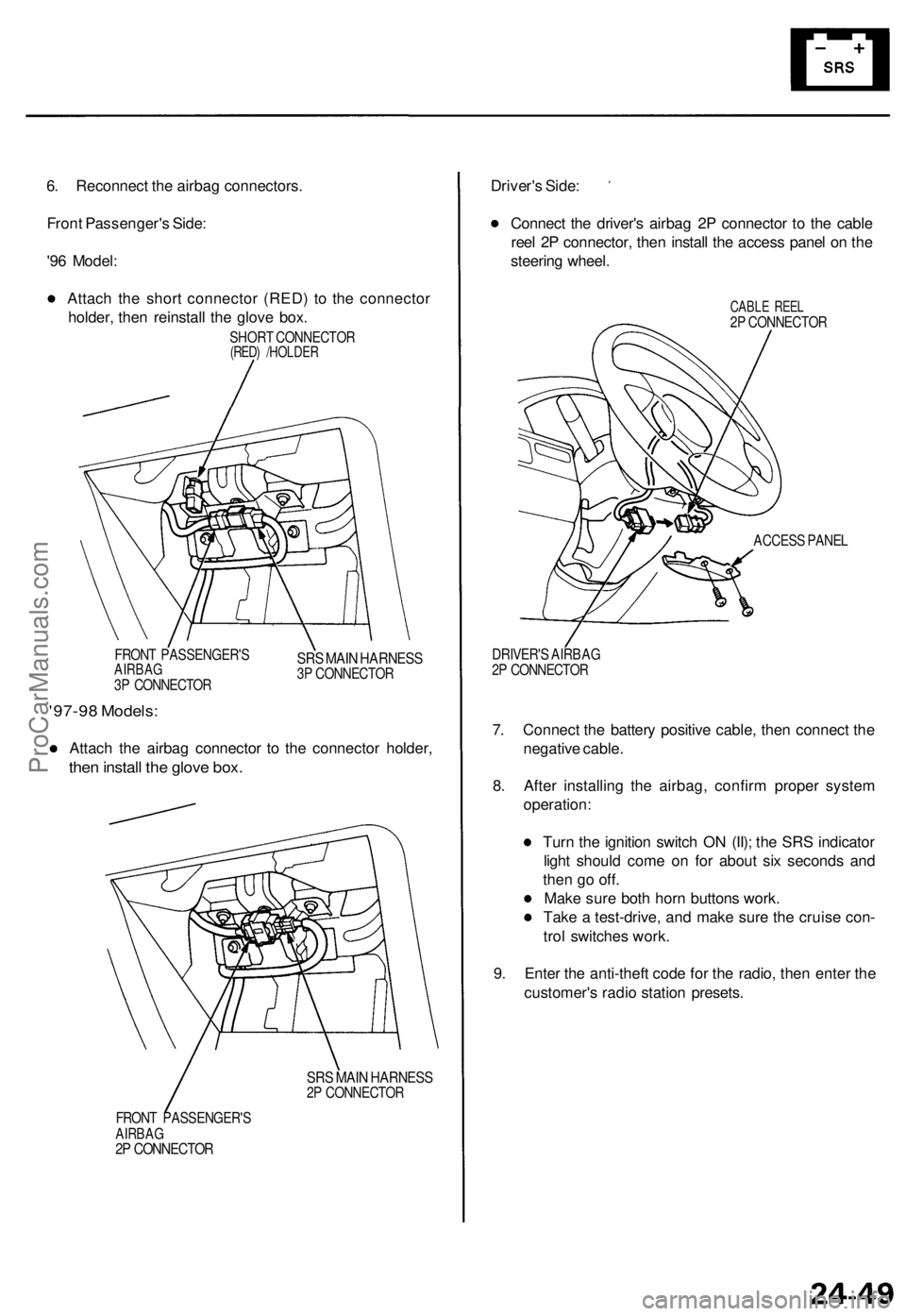 ACURA TL 1995  Service Repair Manual 
6. Reconnect the airbag connectors.

Front Passenger's Side:

'96 Model:

Attach the short connector (RED) to the connector

holder, then reinstall the glove box.

SHORT CONNECTOR

(RED) /HOL