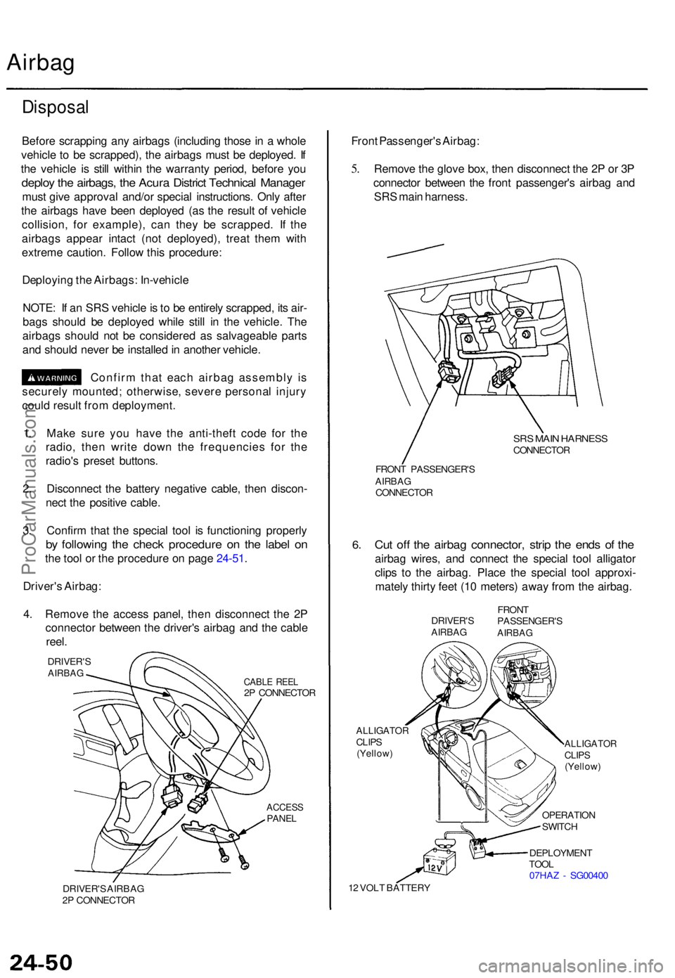 ACURA TL 1995  Service Repair Manual Airbag
Disposa l
Before scrappin g an y airbag s (includin g thos e in  a  whol e
vehicl e t o b e scrapped) , th e airbag s mus t b e deployed . I f
th e vehicl e i s stil l withi n th e warrant y pe
