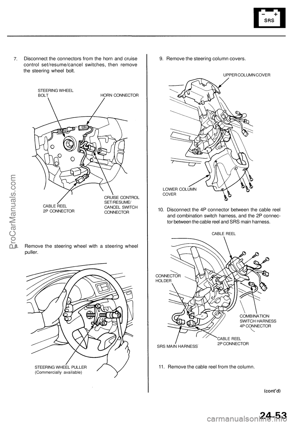 ACURA TL 1995 Service Repair Manual
7.
Disconnect the connectors from the horn and cruise
control set/resume/cancel switches, then remove
the steering wheel bolt.
STEERING WHEEL
BOLT
HORN CONNECTOR
CABLE REEL
2P CONNECTOR
CRUI ACURA TL 1995 Service Repair Manual
7.
Disconnect the connectors from the horn and cruise
control set/resume/cancel switches, then remove
the steering wheel bolt.
STEERING WHEEL
BOLT
HORN CONNECTOR
CABLE REEL
2P CONNECTOR
CRUI