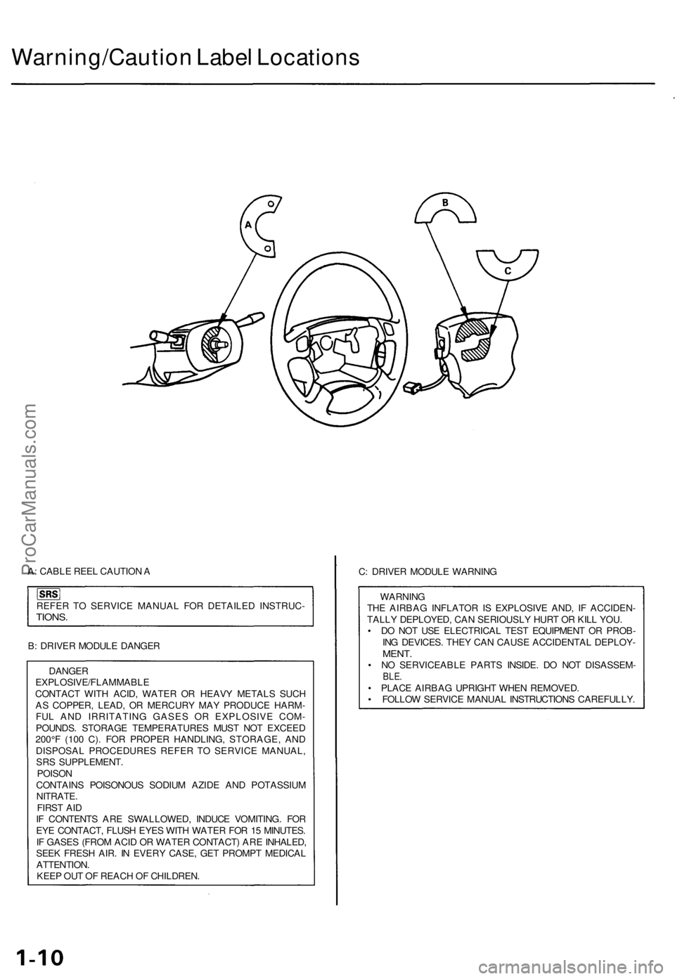 ACURA TL 1995 Service Repair Manual
Warning/Caution Label Locations
A: CABLE REEL CAUTION A
REFER TO SERVICE MANUAL FOR DETAILED INSTRUC-
TIONS.
B: DRIVER MODULE DANGER
DANGER
EXPLOSIVE/FLAMMABLE
CONTACT WITH ACID, WATER OR HEAV ACURA TL 1995 Service Repair Manual
Warning/Caution Label Locations
A: CABLE REEL CAUTION A
REFER TO SERVICE MANUAL FOR DETAILED INSTRUC-
TIONS.
B: DRIVER MODULE DANGER
DANGER
EXPLOSIVE/FLAMMABLE
CONTACT WITH ACID, WATER OR HEAV
