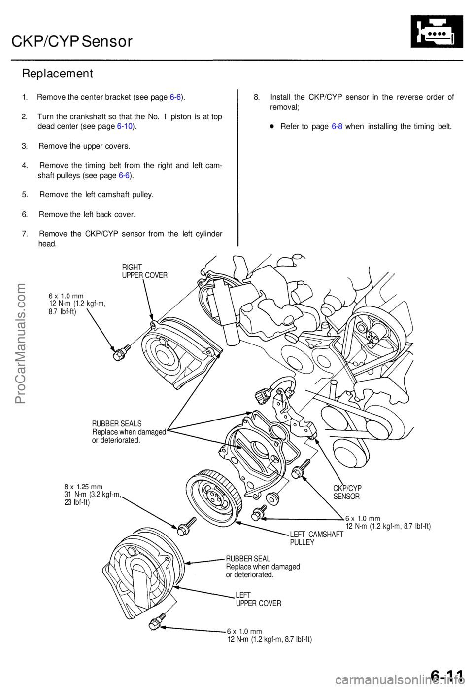 ACURA TL 1995 Service Manual PDF CKP/CYP Senso r
Replacemen t
1. Remov e th e cente r bracke t (se e pag e 6-6 ).
2 . Tur n th e crankshaf t s o tha t th e No . 1 pisto n i s a t to p
dea d cente r (se e pag e 6-10 ).
3 . Remov e th ACURA TL 1995 Service Manual PDF CKP/CYP Senso r
Replacemen t
1. Remov e th e cente r bracke t (se e pag e 6-6 ).
2 . Tur n th e crankshaf t s o tha t th e No . 1 pisto n i s a t to p
dea d cente r (se e pag e 6-10 ).
3 . Remov e th