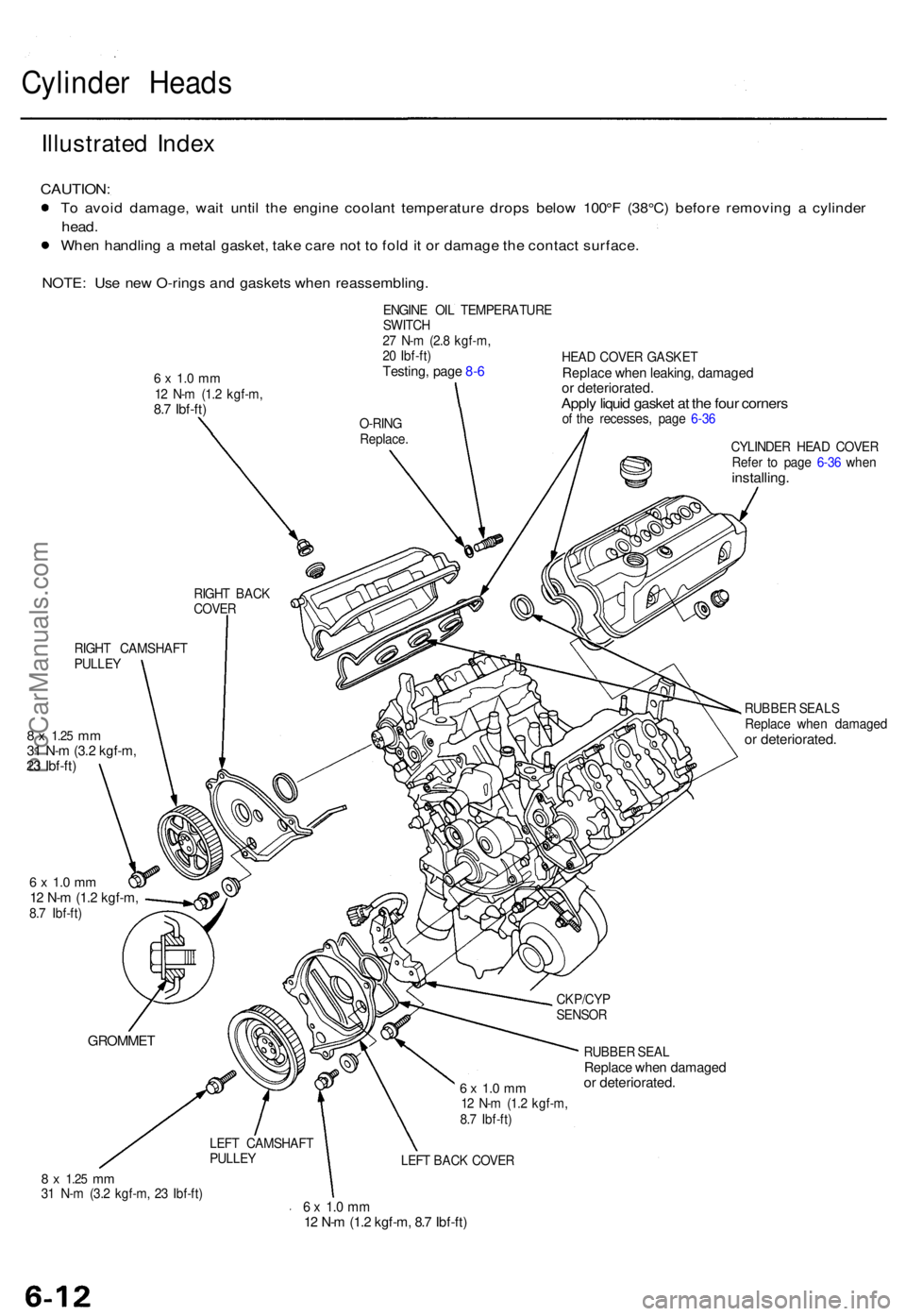 ACURA TL 1995 Service Manual PDF Cylinder Head s
Illustrate d Inde x
CAUTION :
To avoi d damage , wai t unti l th e engin e coolan t temperatur e drop s belo w 100° F (38°C ) befor e removin g a cylinde r
head.
When handlin g a ACURA TL 1995 Service Manual PDF Cylinder Head s
Illustrate d Inde x
CAUTION :
To avoi d damage , wai t unti l th e engin e coolan t temperatur e drop s belo w 100° F (38°C ) befor e removin g a cylinde r
head.
When handlin g a