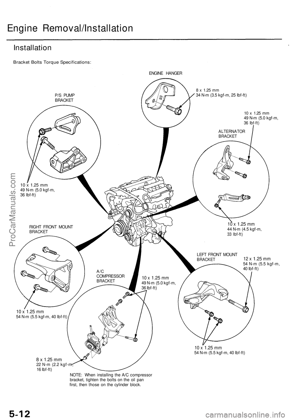 ACURA TL 1995 Service Repair Manual Engine Removal/Installatio n
Installation
Bracket Bolt s Torqu e Specifications :
ENGINE HANGE R
P/ S PUM P
BRACKE T
10 x 1.2 5 mm49 N- m (5. 0 kgf-m ,36 Ibf-ft )
ALTERNATO RBRACKET
10 x 1.2 5 mm4 ACURA TL 1995 Service Repair Manual Engine Removal/Installatio n
Installation
Bracket Bolt s Torqu e Specifications :
ENGINE HANGE R
P/ S PUM P
BRACKE T
10 x 1.2 5 mm49 N- m (5. 0 kgf-m ,36 Ibf-ft )
ALTERNATO RBRACKET
10 x 1.2 5 mm4
