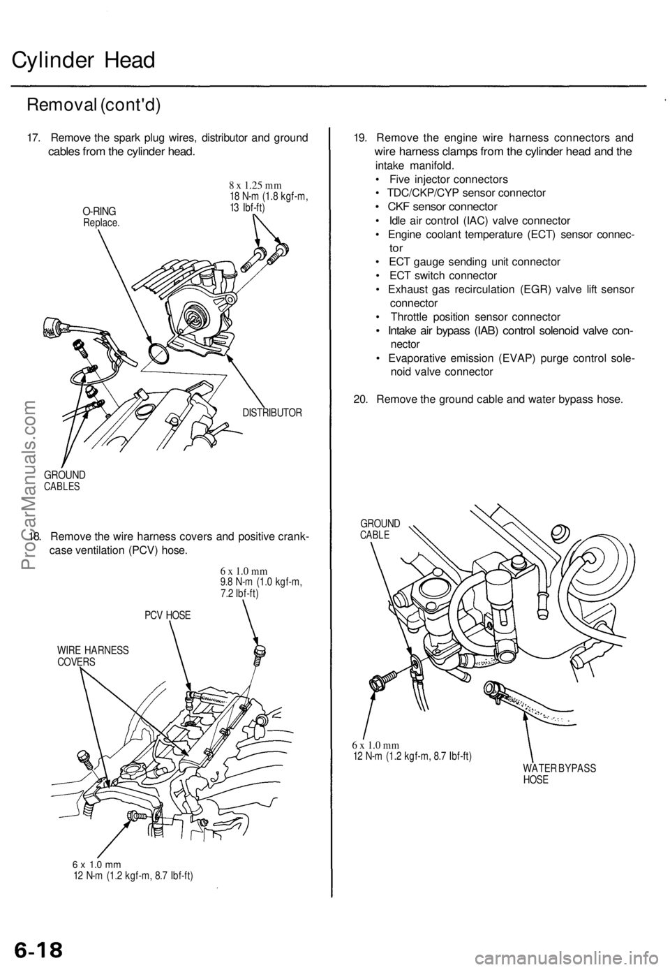 ACURA TL 1995 Service Repair Manual
Cylinder Head
Removal (cont'd)
17. Remove the spark plug wires, distributor and ground
cables from the cylinder head.
O-RING
Replace.
8 x
1.25
mm
18 N-m (1.8 kgf-m,
13 Ibf-ft)
DISTRIBU ACURA TL 1995 Service Repair Manual
Cylinder Head
Removal (cont'd)
17. Remove the spark plug wires, distributor and ground
cables from the cylinder head.
O-RING
Replace.
8 x
1.25
mm
18 N-m (1.8 kgf-m,
13 Ibf-ft)
DISTRIBU