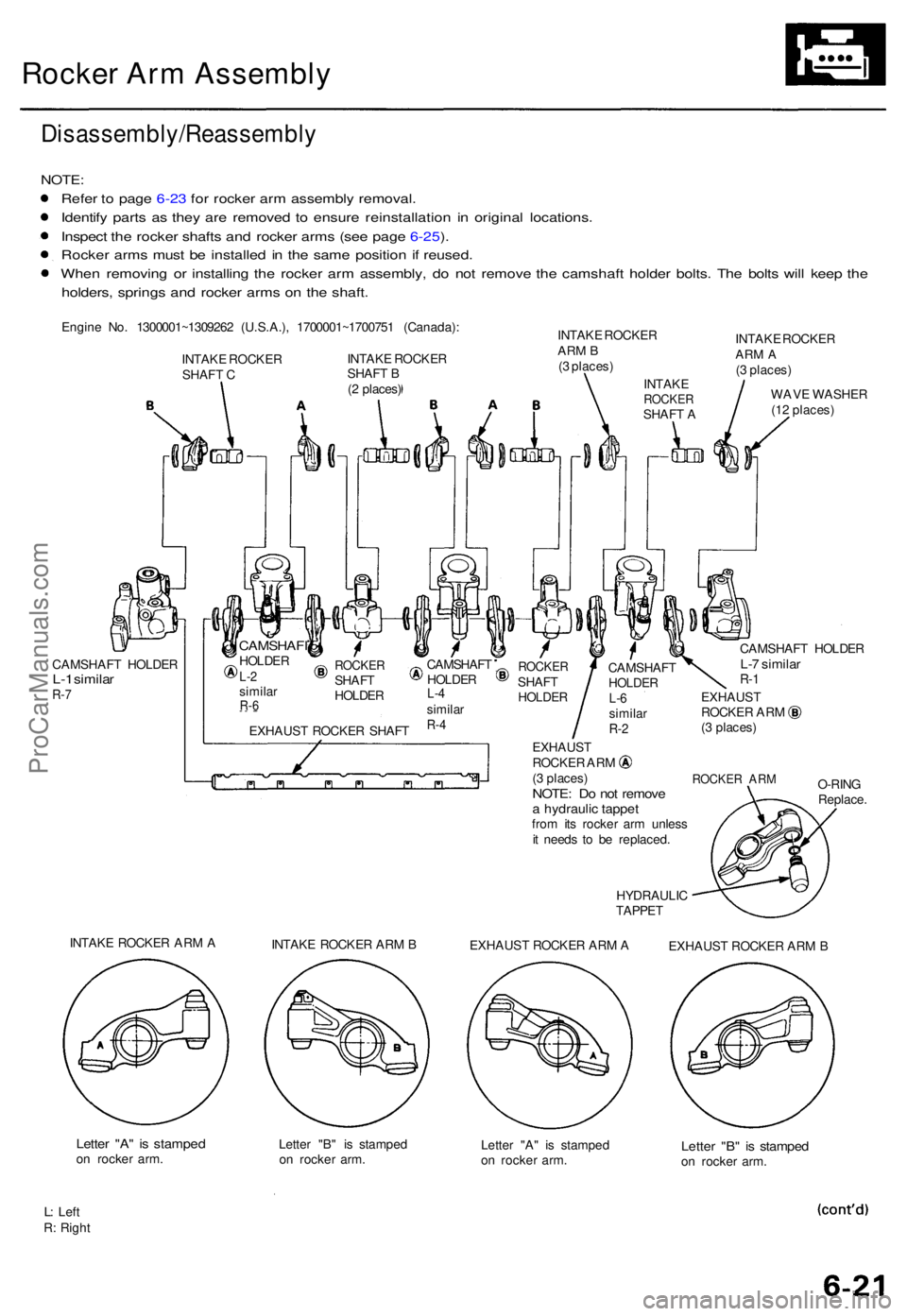 ACURA TL 1995 Service Manual PDF Rocker Ar m Assembl y
Disassembly/Reassembl y
NOTE:
Refer t o pag e 6-2 3 fo r rocke r ar m assembl y removal .
Identif y part s a s the y ar e remove d t o ensur e reinstallatio n i n origina l loca ACURA TL 1995 Service Manual PDF Rocker Ar m Assembl y
Disassembly/Reassembl y
NOTE:
Refer t o pag e 6-2 3 fo r rocke r ar m assembl y removal .
Identif y part s a s the y ar e remove d t o ensur e reinstallatio n i n origina l loca