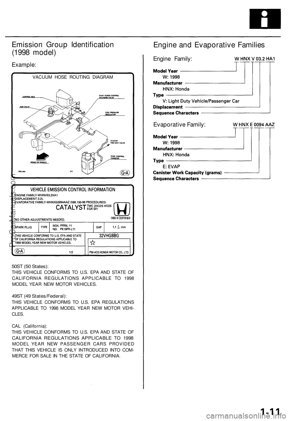 ACURA TL 1995  Service Repair Manual 
Emission Group Identification

(1998 model)

Example:

VACUUM HOSE ROUTING DIAGRAM

50ST (50 States):

THIS VEHICLE CONFORMS TO U.S. EPA AND STATE OF

CALIFORNIA REGULATIONS APPLICABLE TO 1998

MODEL