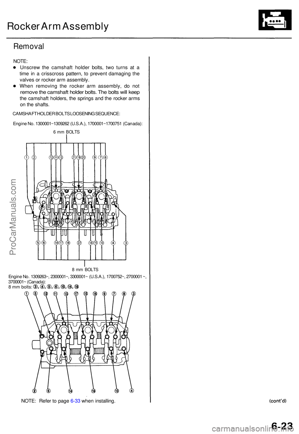 ACURA TL 1995 Service Manual Online Rocker Ar m Assembl y
Removal
NOTE:
Unscre w th e camshaf t holde r bolts , tw o turn s a t a
tim e i n a crisscros s pattern , t o preven t damagin g th e
valve s o r rocke r ar m assembly .
Whe n r ACURA TL 1995 Service Manual Online Rocker Ar m Assembl y
Removal
NOTE:
Unscre w th e camshaf t holde r bolts , tw o turn s a t a
tim e i n a crisscros s pattern , t o preven t damagin g th e
valve s o r rocke r ar m assembly .
Whe n r