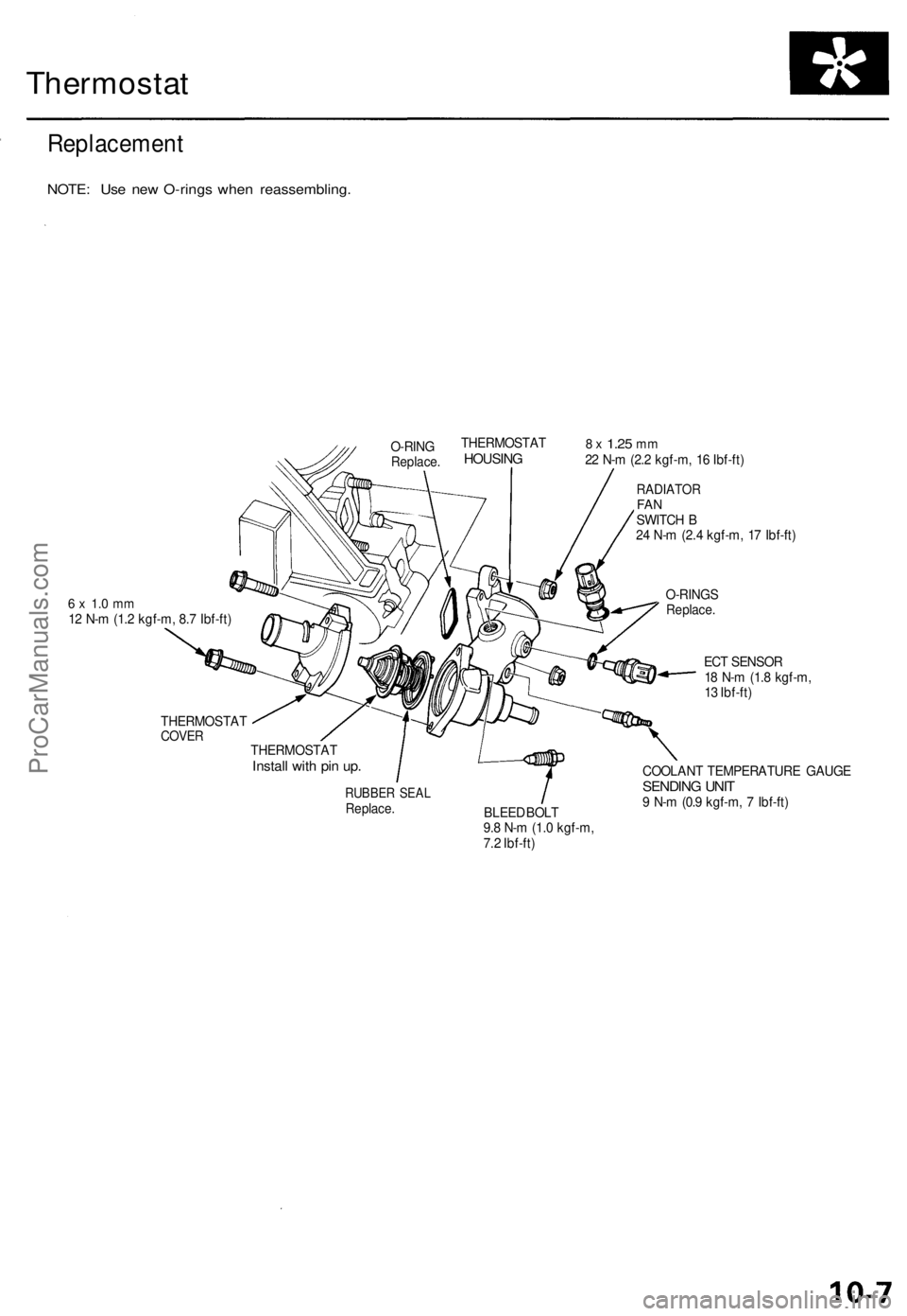 ACURA TL 1995 Service Repair Manual Thermostat
Replacemen t
NOTE: Us e ne w O-ring s whe n reassembling .
O-RINGReplace .
THERMOSTA THOUSING
6 x 1. 0 m m12 N- m (1. 2 kgf-m , 8. 7 Ibf-ft )
8 x 1.2 5 mm22 N- m (2. 2 kgf-m , 1 6 Ibf-ft ACURA TL 1995 Service Repair Manual Thermostat
Replacemen t
NOTE: Us e ne w O-ring s whe n reassembling .
O-RINGReplace .
THERMOSTA THOUSING
6 x 1. 0 m m12 N- m (1. 2 kgf-m , 8. 7 Ibf-ft )
8 x 1.2 5 mm22 N- m (2. 2 kgf-m , 1 6 Ibf-ft