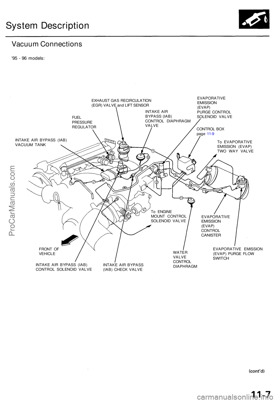 ACURA TL 1995  Service Service Manual System Descriptio n
Vacuum Connection s
'95 -  9 6 models :
EVAPORATIV EEMISSION(EVAP)PURGE CONTRO L
SOLENOI D VALV E
CONTRO L BO X
pag e 11- 9
INTAK E AI R BYPAS S (IAB )
VACUU M TAN KTo  EVAPORA