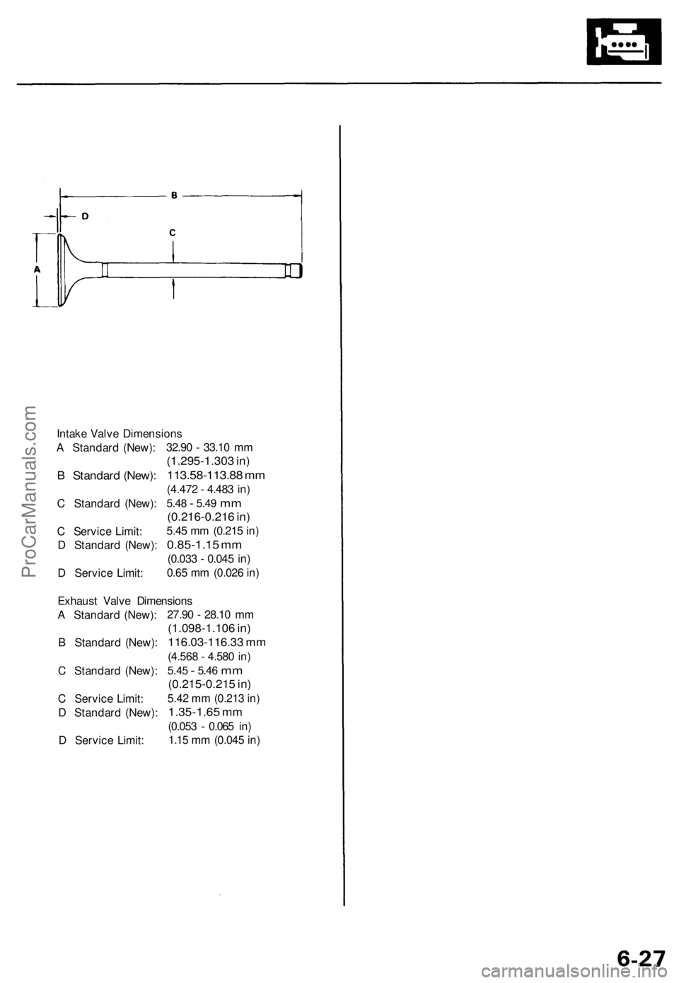 ACURA TL 1995 Service Manual Online
Intake Valve Dimensions
A Standard (New):
B Standard (New):
C Standard (New):
C Service Limit:
D Standard (New):
D Service Limit:
32.90 - 33.10 mm
(1.295-1.303 in)
113.58-113.88 mm
(4.472 - ACURA TL 1995 Service Manual Online
Intake Valve Dimensions
A Standard (New):
B Standard (New):
C Standard (New):
C Service Limit:
D Standard (New):
D Service Limit:
32.90 - 33.10 mm
(1.295-1.303 in)
113.58-113.88 mm
(4.472 -