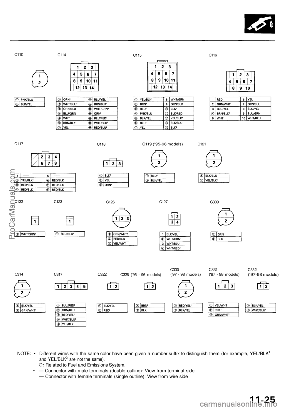 ACURA TL 1995  Service Service Manual 
C110

C114

C115 
C116

C117

C118 
C119 ('95-96 models) 
C121

C122

C123

C126 
C127

C309

C314

C317 
C322

C326 ('95 - 96 models) 
C330

('97 - 98 models) 
C331

('97 - 98 models