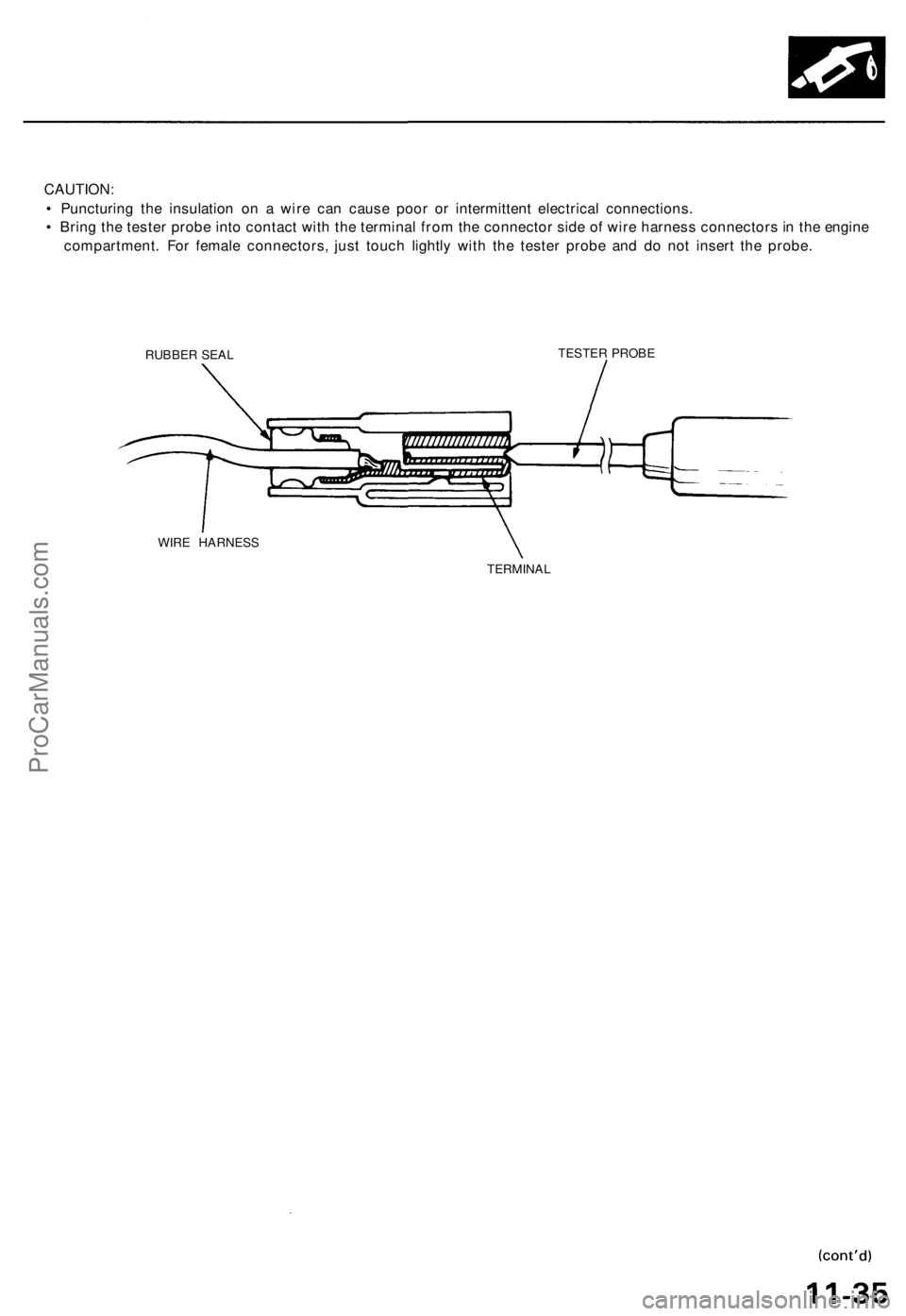 ACURA TL 1995 Service Repair Manual
CAUTION:
• Puncturing the insulation on a wire can cause poor or intermittent electrical connections.
• Bring the tester probe into contact with the terminal from the connector side of wire har ACURA TL 1995 Service Repair Manual
CAUTION:
• Puncturing the insulation on a wire can cause poor or intermittent electrical connections.
• Bring the tester probe into contact with the terminal from the connector side of wire har