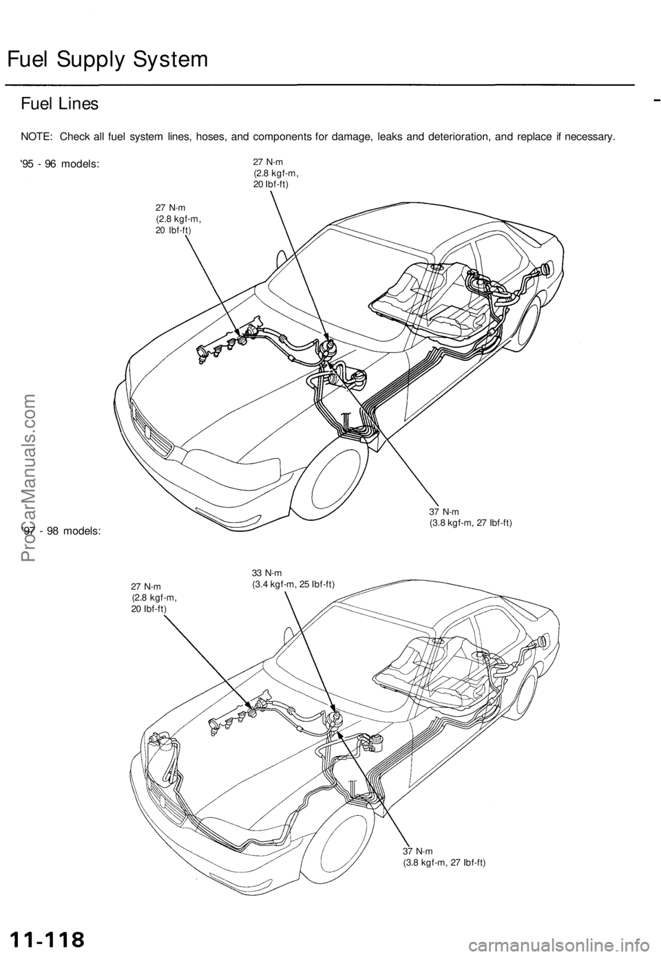 ACURA TL 1995 Service Repair Manual
Fuel Supply System
Fuel Lines
NOTE: Check all fuel system lines, hoses, and components for damage, leaks and deterioration, and replace if necessary.
'95 - 96 models:
27 N-m
(2.8 kgf-m,
20 ACURA TL 1995 Service Repair Manual
Fuel Supply System
Fuel Lines
NOTE: Check all fuel system lines, hoses, and components for damage, leaks and deterioration, and replace if necessary.
'95 - 96 models:
27 N-m
(2.8 kgf-m,
20