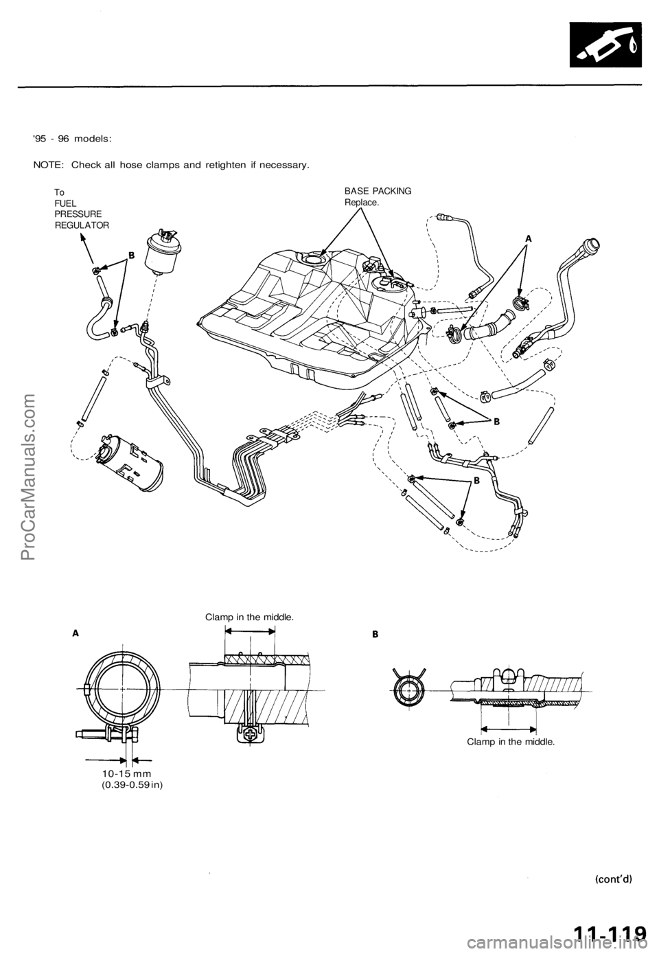 ACURA TL 1995 Service Repair Manual
'95 - 96 models:
NOTE: Check all hose clamps and retighten if necessary.
To
FUEL
PRESSURE
REGULATOR
BASE PACKING
Replace.
10-15
mm
(0.39-0.59 in)
Clamp in the middle.
Clamp in the mid ACURA TL 1995 Service Repair Manual
'95 - 96 models:
NOTE: Check all hose clamps and retighten if necessary.
To
FUEL
PRESSURE
REGULATOR
BASE PACKING
Replace.
10-15
mm
(0.39-0.59 in)
Clamp in the middle.
Clamp in the mid