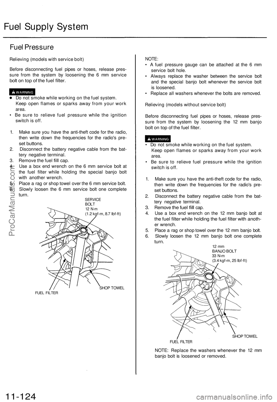 ACURA TL 1995 Service Repair Manual
Fuel Supply System
Fuel Pressure
Relieving (models with service bolt)
Before disconnecting fuel pipes or hoses, release pres-
sure from the system by loosening the 6 mm service
bolt on top of th ACURA TL 1995 Service Repair Manual
Fuel Supply System
Fuel Pressure
Relieving (models with service bolt)
Before disconnecting fuel pipes or hoses, release pres-
sure from the system by loosening the 6 mm service
bolt on top of th