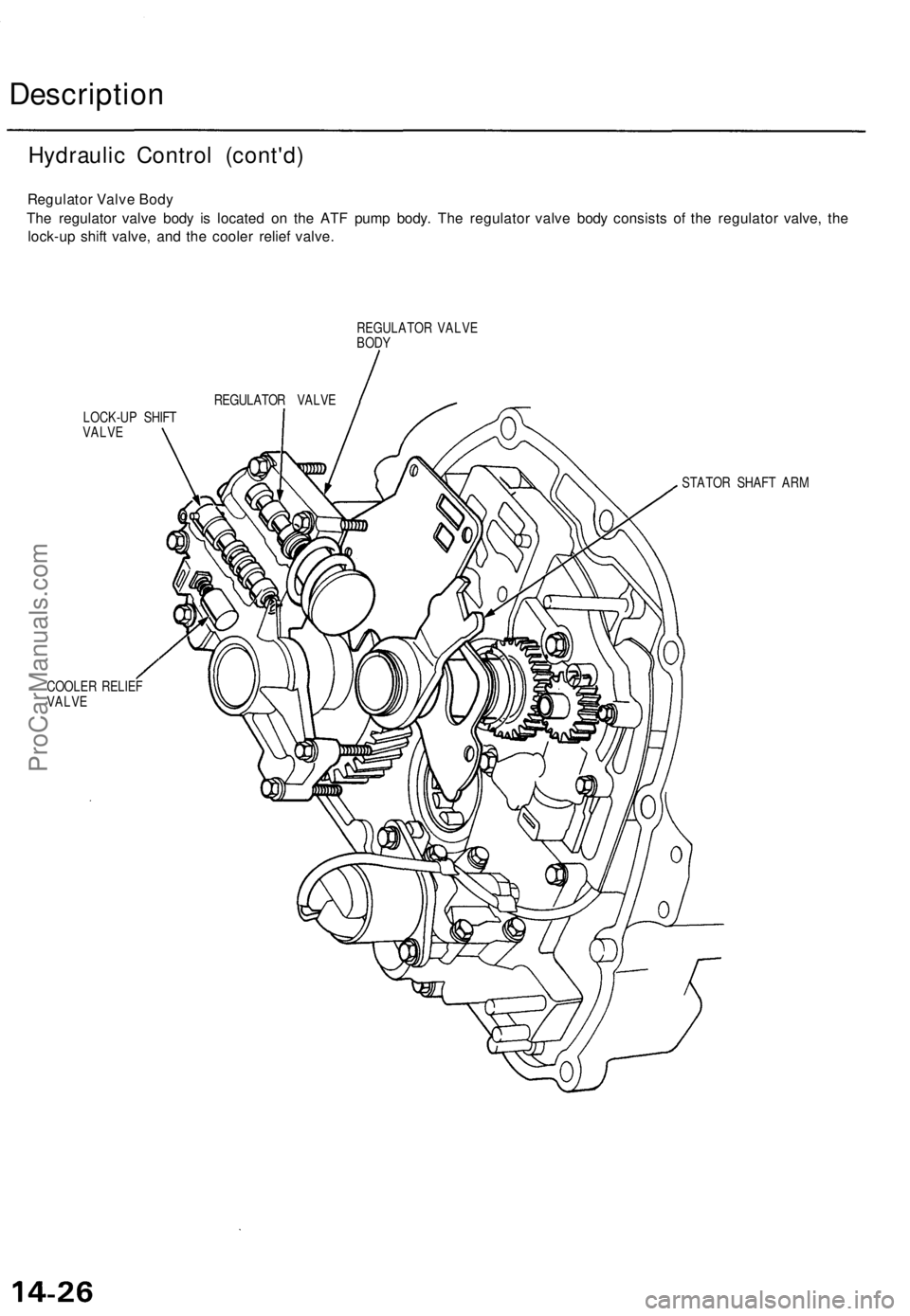 ACURA TL 1995 Service Repair Manual
Description
Regulator Valve Body
The regulator valve body is located on the ATF pump body. The regulator valve body consists of the regulator valve, the
lock-up shift valve, and the cooler relief ACURA TL 1995 Service Repair Manual
Description
Regulator Valve Body
The regulator valve body is located on the ATF pump body. The regulator valve body consists of the regulator valve, the
lock-up shift valve, and the cooler relief