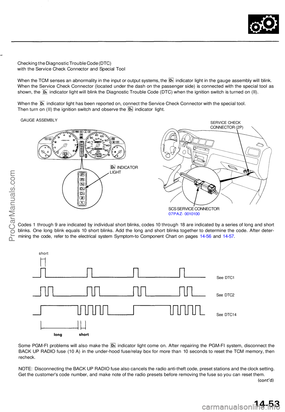 ACURA TL 1995 Service Repair Manual Checking th e Diagnosti c Troubl e Cod e (DTC )
wit h th e Servic e Chec k Connecto r an d Specia l Too l
Whe n th e TC M sense s a n abnormalit y in th e inpu t o r outpu t systems , th e indicato r ACURA TL 1995 Service Repair Manual Checking th e Diagnosti c Troubl e Cod e (DTC )
wit h th e Servic e Chec k Connecto r an d Specia l Too l
Whe n th e TC M sense s a n abnormalit y in th e inpu t o r outpu t systems , th e indicato r