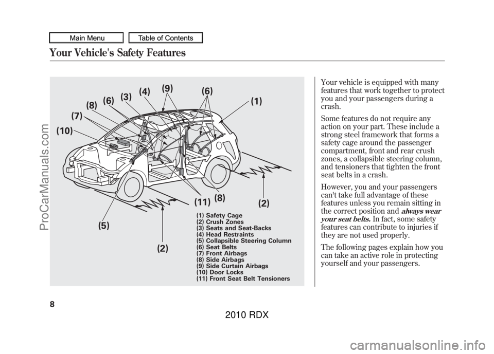 ACURA RDX 2010 User Guide Your vehicle is equipped with many
features that work together to protect
you and your passengers during a
crash.
Some features do not require any
action on your part. These include a
strong steel fra