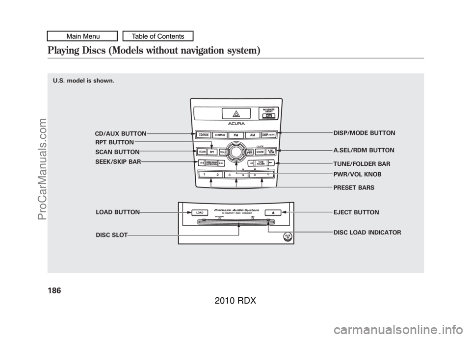 ACURA RDX 2010 Owners Manual U.S. model is shown.CD/AUX BUTTONRPT BUTTON
SCAN BUTTON
SEEK/SKIP BAR
LOAD BUTTONDISC SLOT DISP/MODE BUTTON
A.SEL/RDM BUTTON
TUNE/FOLDER BAR PWR/VOL KNOB
PRESET BARS
EJECT BUTTON
DISC LOAD INDICATORPl ACURA RDX 2010 Owners Manual U.S. model is shown.CD/AUX BUTTONRPT BUTTON
SCAN BUTTON
SEEK/SKIP BAR
LOAD BUTTONDISC SLOT DISP/MODE BUTTON
A.SEL/RDM BUTTON
TUNE/FOLDER BAR PWR/VOL KNOB
PRESET BARS
EJECT BUTTON
DISC LOAD INDICATORPl