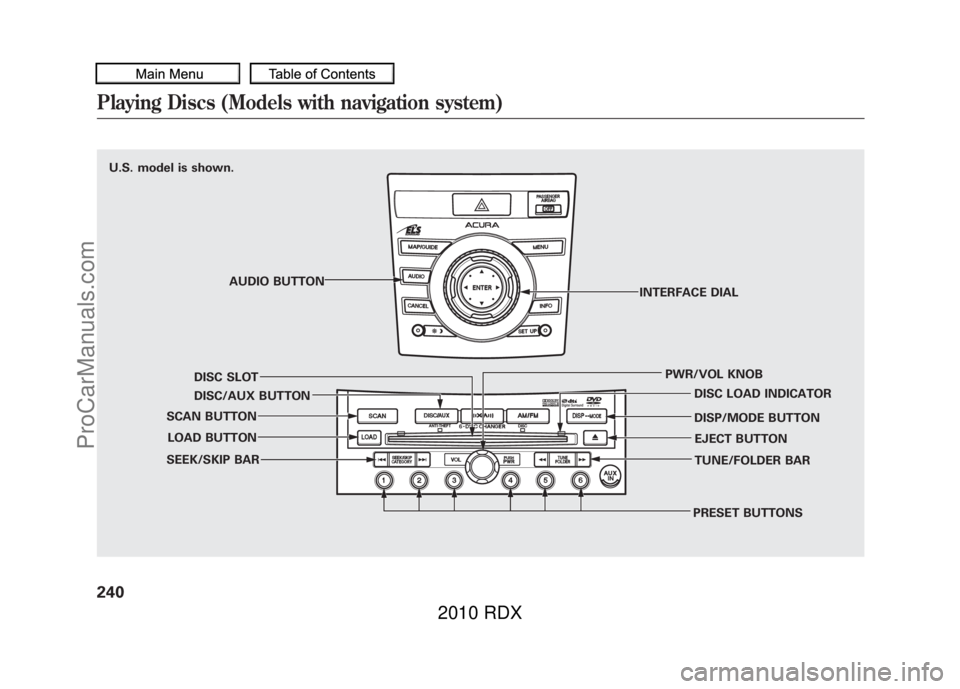 ACURA RDX 2010 Owners Manual U.S. model is shown.AUDIO BUTTON
DISC SLOT
DISC/AUX BUTTON
SCAN BUTTON
LOAD BUTTON
SEEK/SKIP BAR
PRESET BUTTONSTUNE/FOLDER BAR EJECT BUTTON
DISP/MODE BUTTON DISC LOAD INDICATOR
PWR/VOL KNOB
INTERFACE ACURA RDX 2010 Owners Manual U.S. model is shown.AUDIO BUTTON
DISC SLOT
DISC/AUX BUTTON
SCAN BUTTON
LOAD BUTTON
SEEK/SKIP BAR
PRESET BUTTONSTUNE/FOLDER BAR EJECT BUTTON
DISP/MODE BUTTON DISC LOAD INDICATOR
PWR/VOL KNOB
INTERFACE