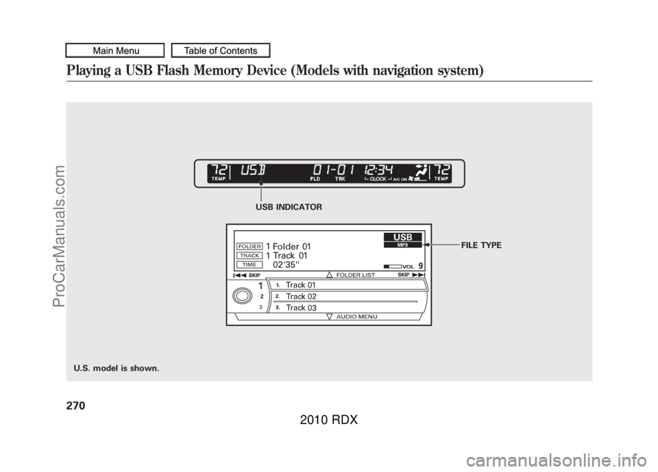 ACURA RDX 2010 Owners Manual USB INDICATOR
U.S. model is shown. FILE TYPE
Playing a USB Flash Memory Device (Models with navigation system)27009/07/07 15:02:04 10 ACURA RDX MMC North America Owners M 50 31STK630 enu
ProCarManual ACURA RDX 2010 Owners Manual USB INDICATOR
U.S. model is shown. FILE TYPE
Playing a USB Flash Memory Device (Models with navigation system)27009/07/07 15:02:04 10 ACURA RDX MMC North America Owners M 50 31STK630 enu
ProCarManual