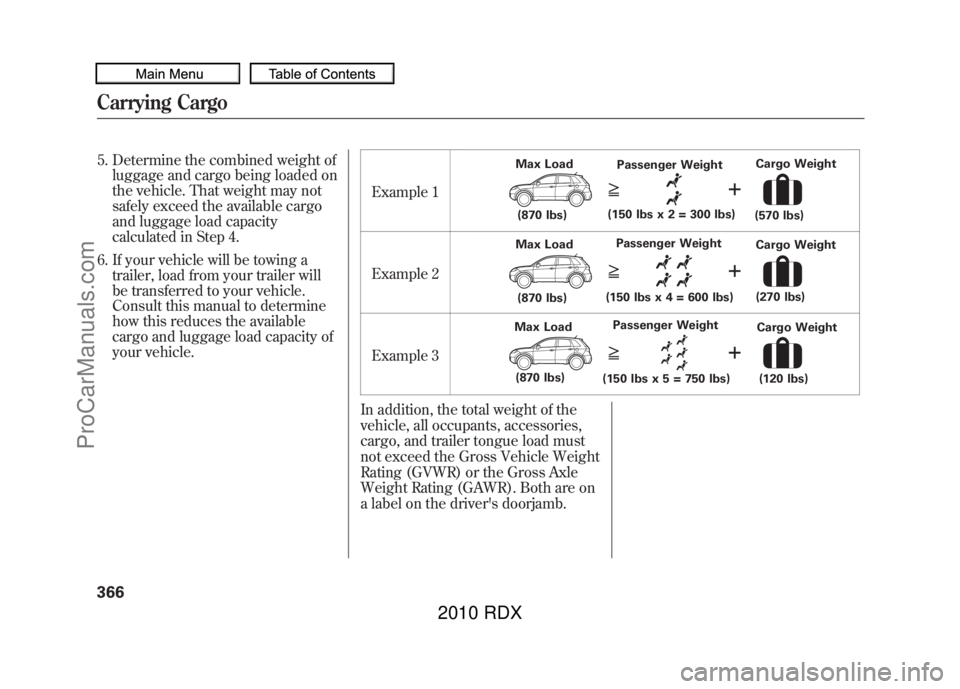 ACURA RDX 2010 Owners Manual 5. Determine the combined weight ofluggage and cargo being loaded on
the vehicle. That weight may not
safely exceed the available cargo
and luggage load capacity
calculated in Step 4.
6. If your vehic ACURA RDX 2010 Owners Manual 5. Determine the combined weight ofluggage and cargo being loaded on
the vehicle. That weight may not
safely exceed the available cargo
and luggage load capacity
calculated in Step 4.
6. If your vehic