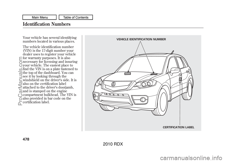 ACURA RDX 2010  Owners Manual Your vehicle has several identifying
numbers located in various places.
The vehicle identification number
(VIN) is the 17-digit number your
dealer uses to register your vehicle
for warranty purposes. 