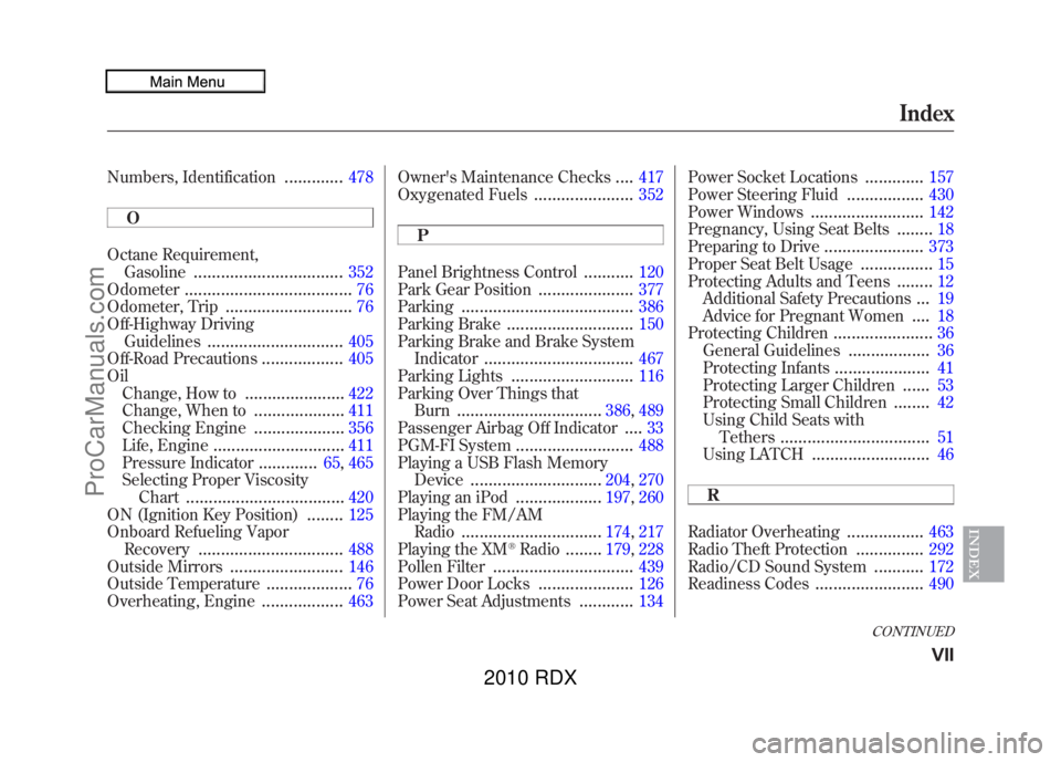 ACURA RDX 2010  Owners Manual Numbers, Identification
.............
478
O
Octane Requirement, Gasoline
.................................
352
Odometer
.....................................
76
Odometer, Trip
........................