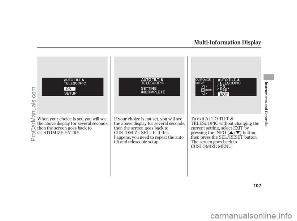 ACURA RL 2011 Workshop Manual ÛÝ
To exit AUTO TILT &
TELESCOPIC without changing the
current setting, select EXIT by
pressing the INFO ( / ) button,
then press the SEL/RESET button.
The screen goes back to
CUSTOMIZE MENU.
When