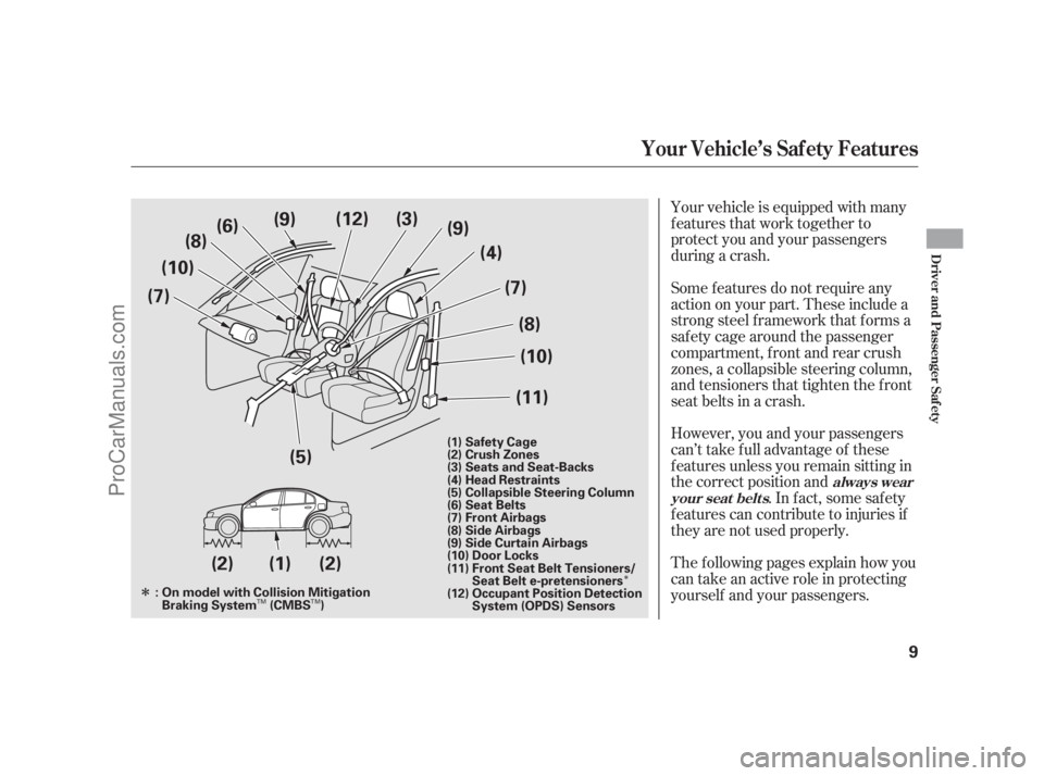 ACURA RL 2011 User Guide Î
Î
Your vehicle is equipped with many
features that work together to
protect you and your passengers
during a crash.
However, you and your passengers
can’t take full advantage of these
f eature
