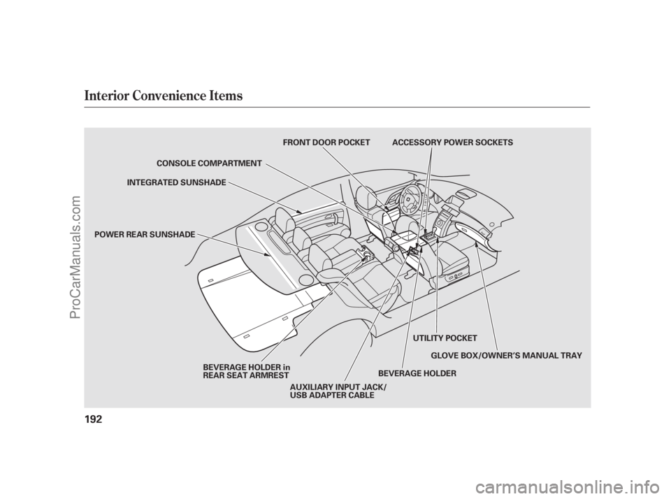 ACURA RL 2011  Owners Manual Interior Convenience Items
192
FRONT DOOR POCKET ACCESSORY POWER SOCKETSGLOVE BOX/OWNER’S MANUAL TRAY
UTILITY POCKET
INTEGRATED SUNSHADE
POWER REAR SUNSHADE
BEVERAGE HOLDER in
REAR SEAT ARMREST BEVE
