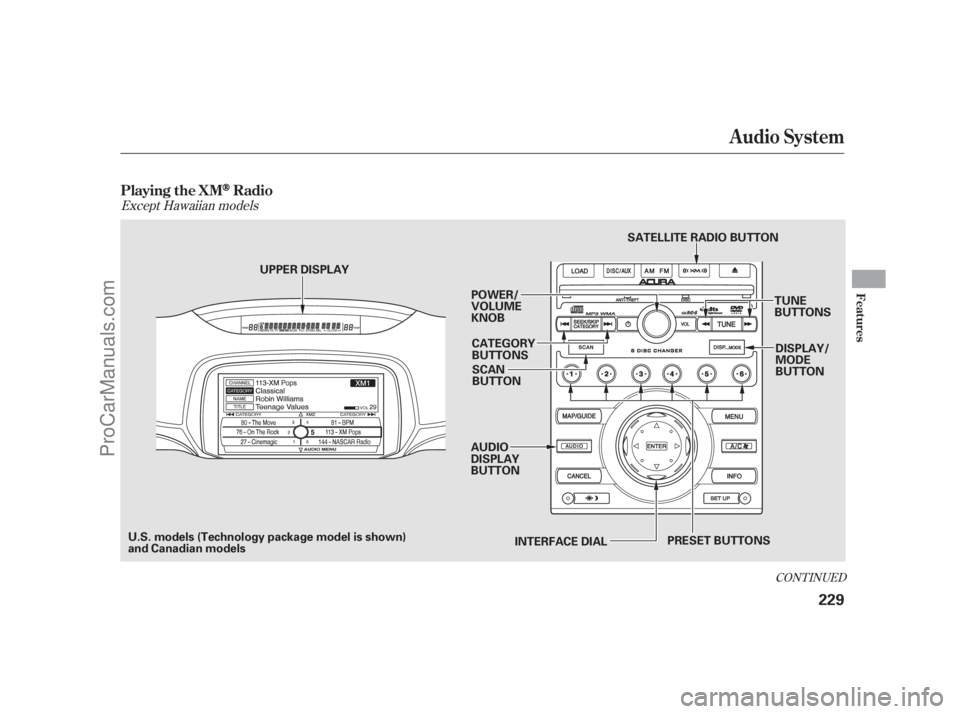 ACURA RL 2011  Owners Manual CONT INUED
Except Hawaiian models
Audio System
Playing the XMRadio
Features
229
SCAN
BUTTON
UPPER DISPLAY
INTERFACE DIAL
POWER/
VOLUME
KNOB
CATEGORY
BUTTONS
AUDIO
DISPLAY
BUTTON DISPLAY/
MODE
BUTTON
T