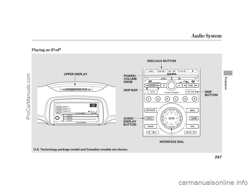 ACURA RL 2011  Owners Manual Audio System
Playing an iPod
Features
247
AUDIO
DISPLAY
BUTTON
UPPER DISPLAY
POWER/
VOLUME
KNOB
SKIP BAR DISP
BUTTON
DISC/AUX BUTTON
INTERFACE DIAL
U.S. Technology package model and Canadian models ar