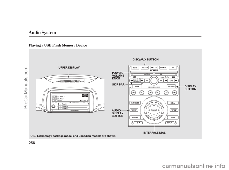 ACURA RL 2011  Owners Manual Audio System
Playing a USB Flash Memory Device
256
AUDIO
DISPLAY
BUTTON
UPPER DISPLAY
POWER/
VOLUME
KNOB
SKIP BARDISC/AUX BUTTON
INTERFACE DIAL DISPLAY
BUTTON
U.S. Technology package model and Canadia