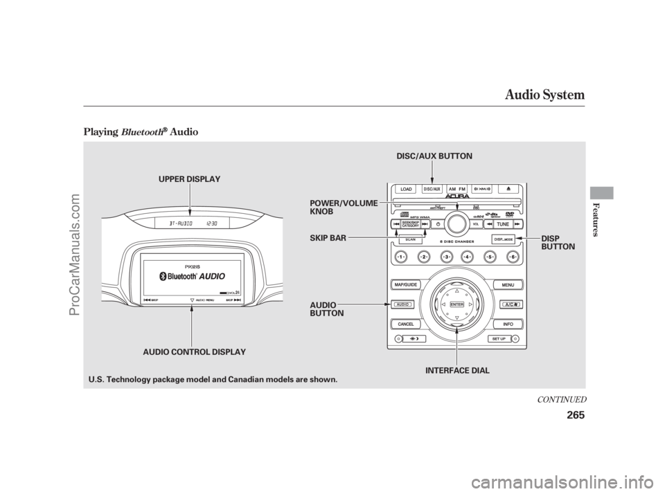 ACURA RL 2011  Owners Manual CONT INUED
Audio System
PlayingAudioBluet oot h
Features
265
AUDIO CONTROL DISPLAYDISP
BUTTON
DISC/AUX BUTTON
INTERFACE DIAL
AUDIO
BUTTON SKIP BAR POWER/VOLUME
KNOB
UPPER DISPLAY
U.S. Technology packa