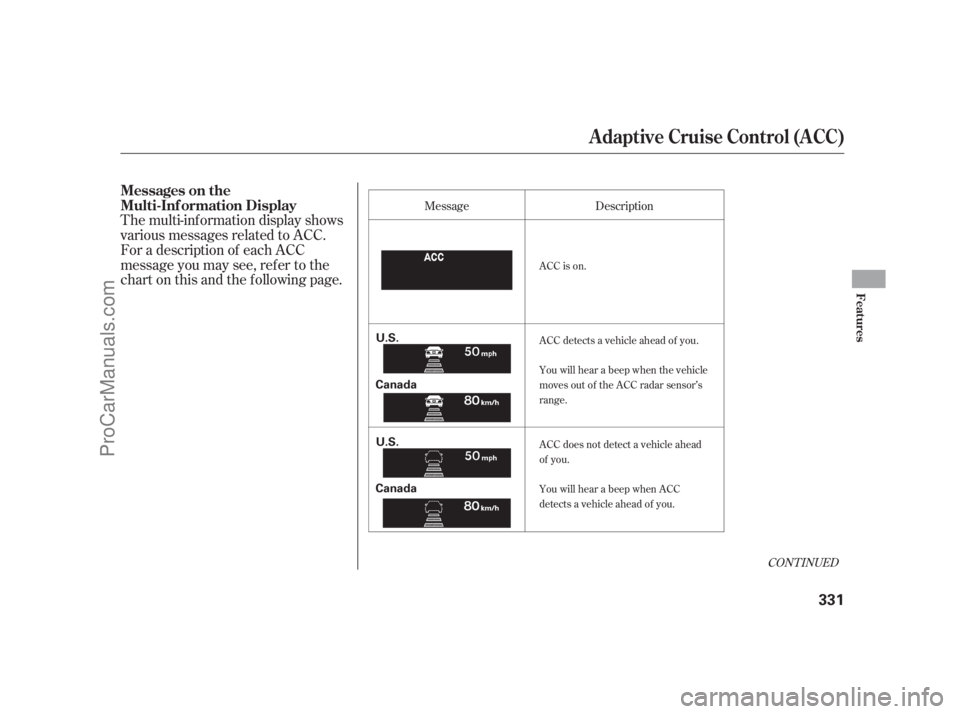 ACURA RL 2011  Owners Manual The multi-inf ormation display shows
various messages related to ACC.
For a description of each ACC
message you may see, ref er to the
chart on this and the f ollowing page.
Message
CONT INUED
Descrip