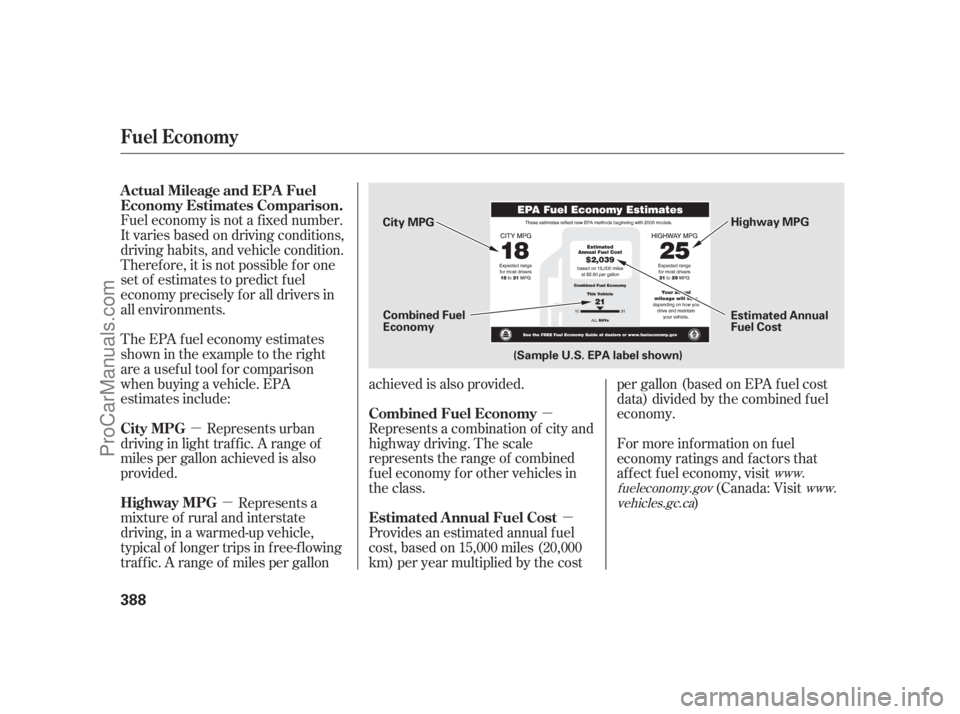 ACURA RL 2011  Owners Manual µµ
µ µ
Fuel economy is not a f ixed number.
It varies based on driving conditions,
driving habits, and vehicle condition.
Theref ore, it is not possible f or one
set of estimates to predict f 