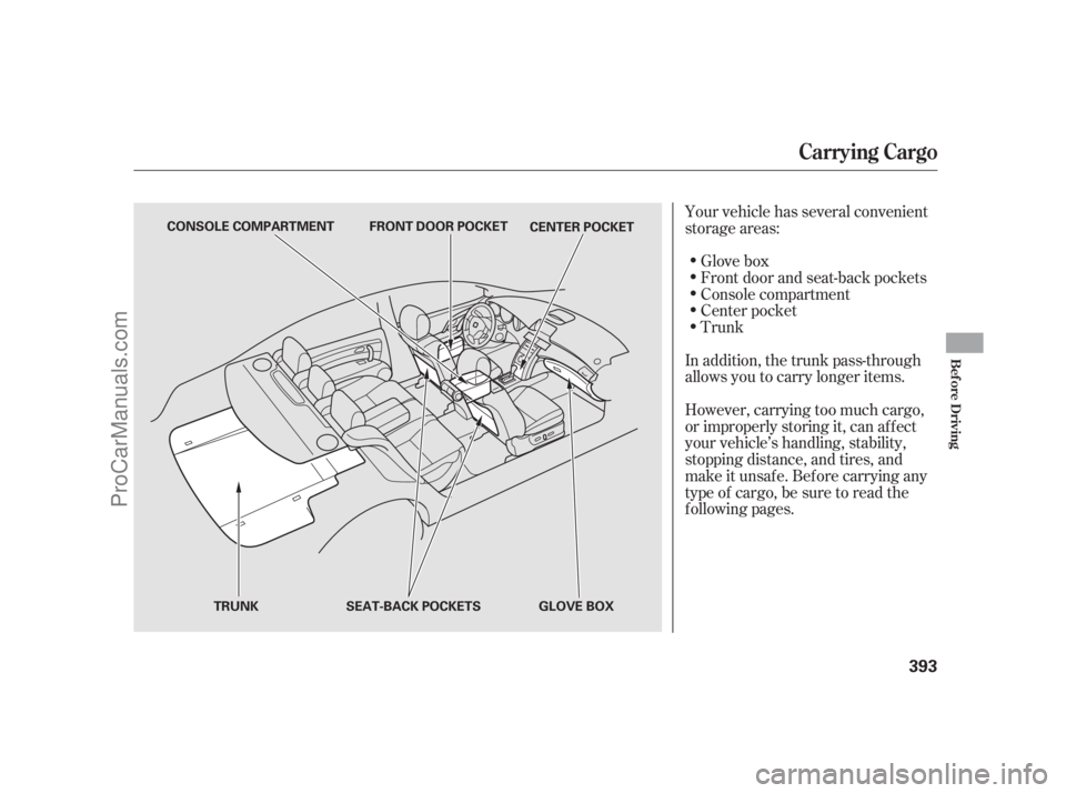 ACURA RL 2011  Owners Manual Your vehicle has several convenient
storage areas:Glove box
Front door and seat-back pockets
Console compartment
In addition, the trunk pass-through
allows you to carry longer items.
However, carrying