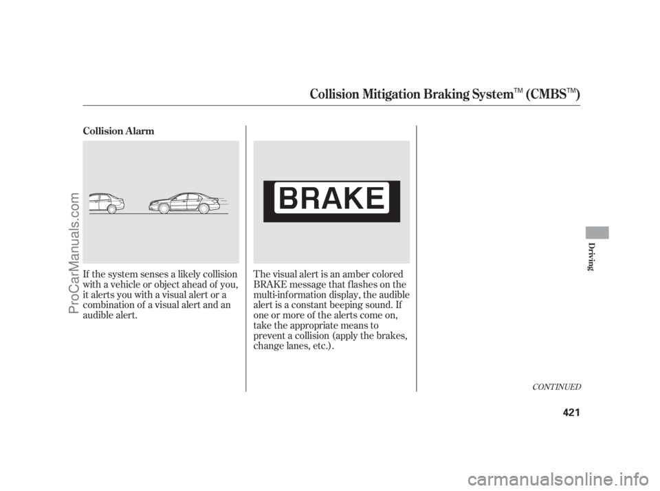 ACURA RL 2011  Owners Manual CONT INUED
If the system senses a likely collision
with a vehicle or object ahead of you,
it alerts you with a visual alert or a
combination of a visual alert and an
audible alert.The visual alert is 