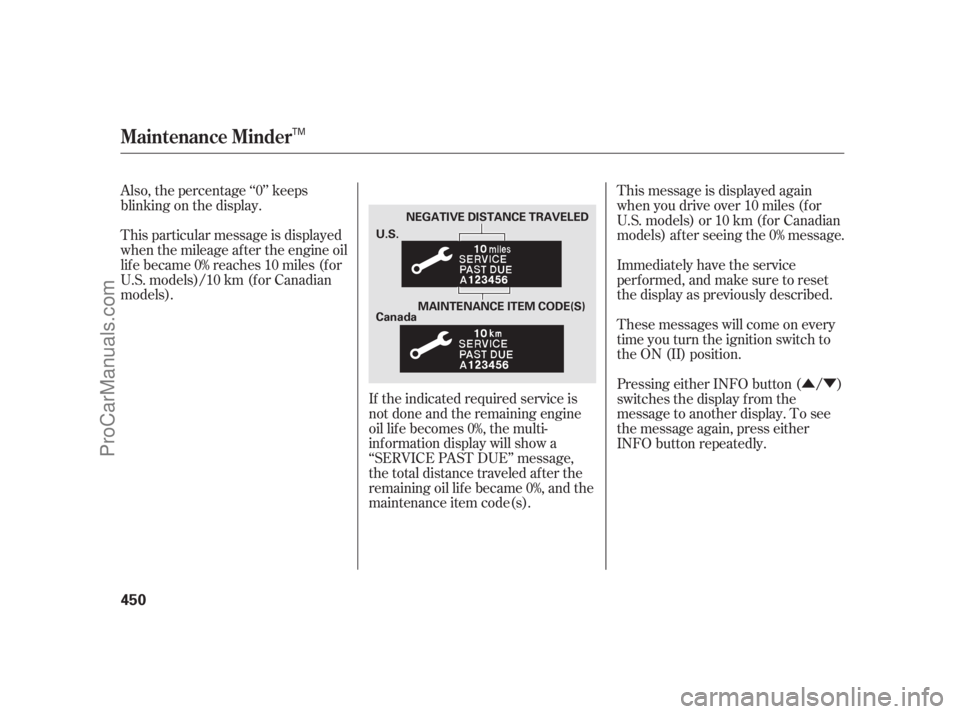 ACURA RL 2011  Owners Manual ÛÝ
Also, the percentage ‘‘0’’ keeps
blinking on the display.
If the indicated required service is
not done and the remaining engine
oil lif e becomes 0%, the multi-
inf ormation display wi
