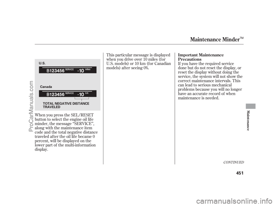 ACURA RL 2011  Owners Manual This particular message is displayed
when you drive over 10 miles (f or
U.S. models) or 10 km (f or Canadian
models) af ter seeing 0%.
When you press the SEL/RESET
button to select the engine oil lif 