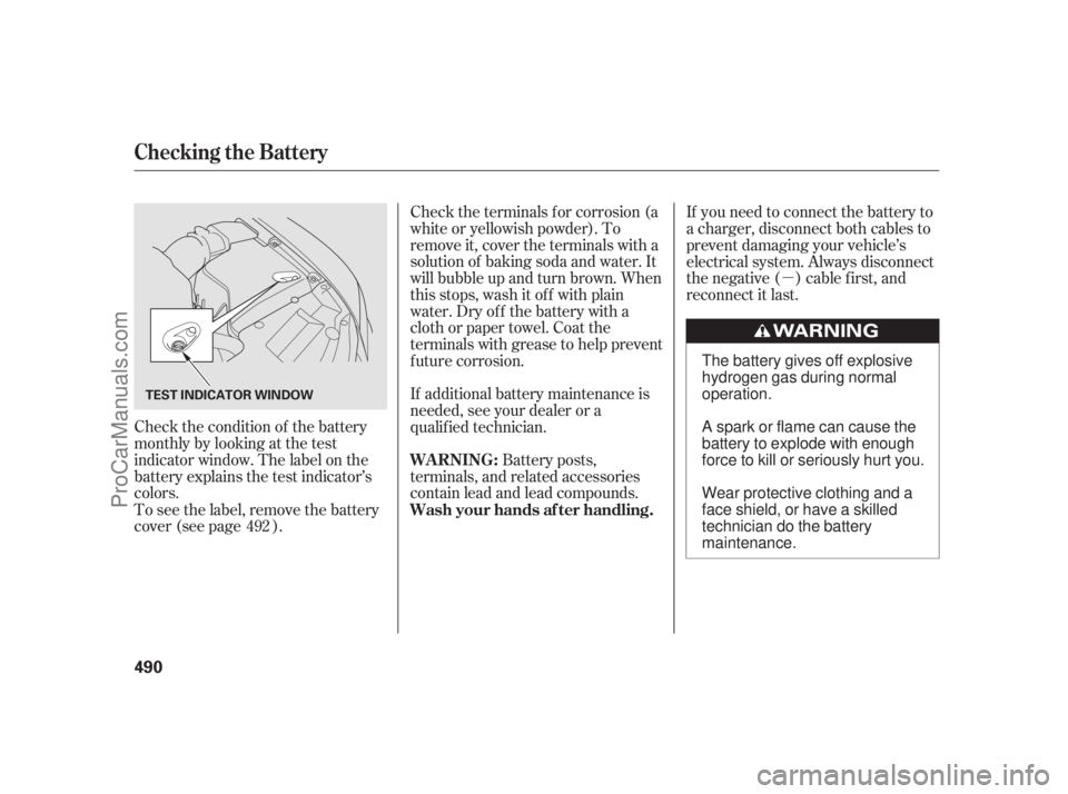 ACURA RL 2011  Owners Manual µ
Check the condition of the battery
monthlybylookingatthetest
indicator window. The label on the
battery explains the test indicator’s
colors. Battery posts,
terminals, and related accessories
co