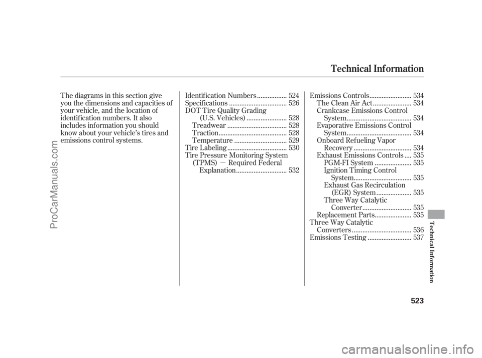 ACURA RL 2011  Owners Manual µ
Thediagramsinthissectiongive
you the dimensions and capacities of
your vehicle, and the location of
identif ication numbers. It also
includes inf ormation you should
know about your vehicle’s ti