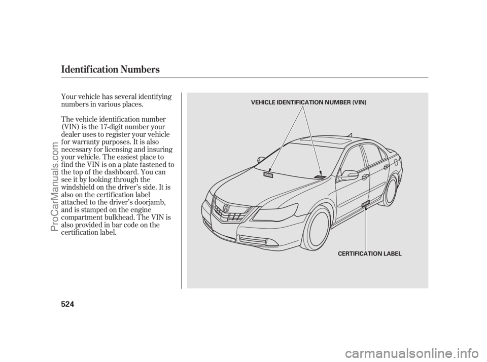 ACURA RL 2011  Owners Manual Your vehicle has several identif ying
numbers in various places.
The vehicle identif ication number
(VIN) is the 17-digit number your
dealer uses to register your vehicle
f or warranty purposes. It is