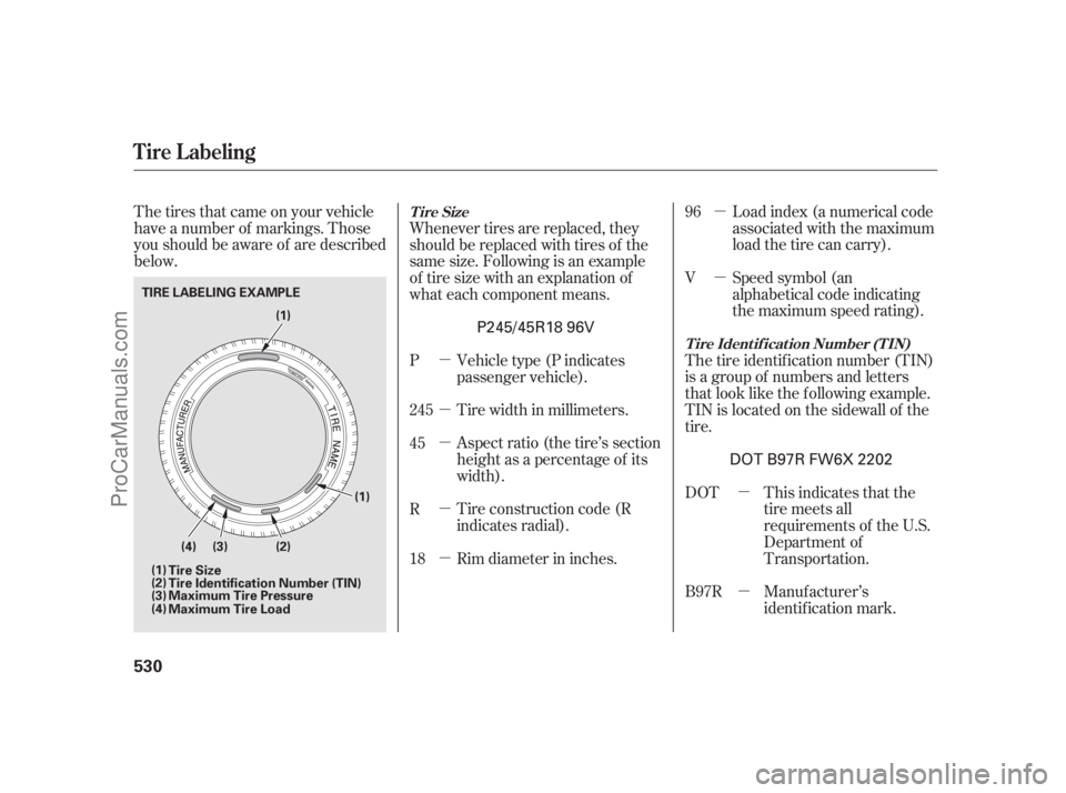 ACURA RL 2011  Owners Manual µ
µ
µ
µ
µ
µ
µ µ
µ
The tires that came on your vehicle
have a number of markings. Those
you should be aware of are described
below.
Load index (a numerical code
associated with the ma