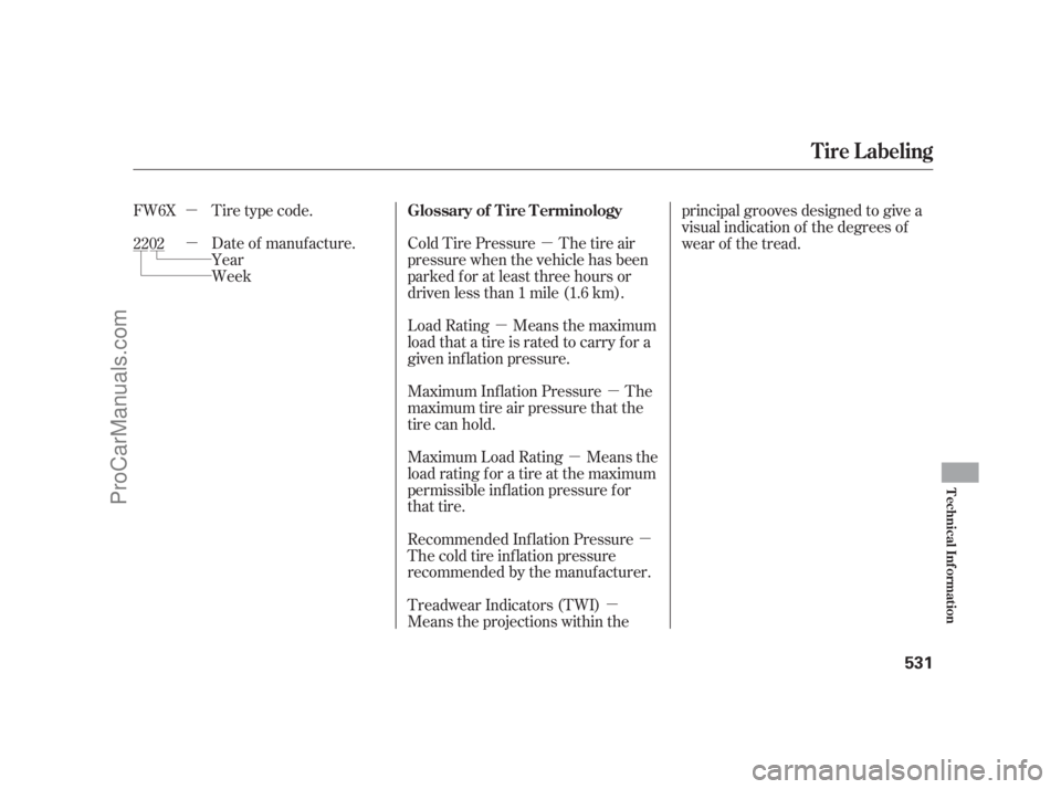 ACURA RL 2011  Owners Manual µ
µ µ
µ
µ
µ
µ
µ Tire type code.
Date of manufacture.
Year
Week Cold Tire Pressure The tire air
pressure when the vehicle has been
parked f or at least three hours or
driven less than 1