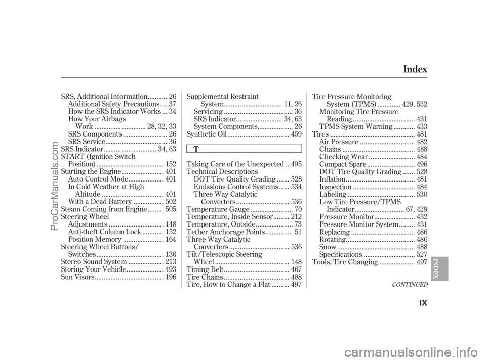 ACURA RL 2011 Workshop Manual CONT INUED
..........
SRS, Additional Inf ormation . 26
...
Additional Safety Precautions . 37
..
How the SRS Indicator Works . 34
How Your Airbags
............................
Work . 28, 32, 33
..... ACURA RL 2011 Workshop Manual CONT INUED
..........
SRS, Additional Inf ormation . 26
...
Additional Safety Precautions . 37
..
How the SRS Indicator Works . 34
How Your Airbags
............................
Work . 28, 32, 33
.....