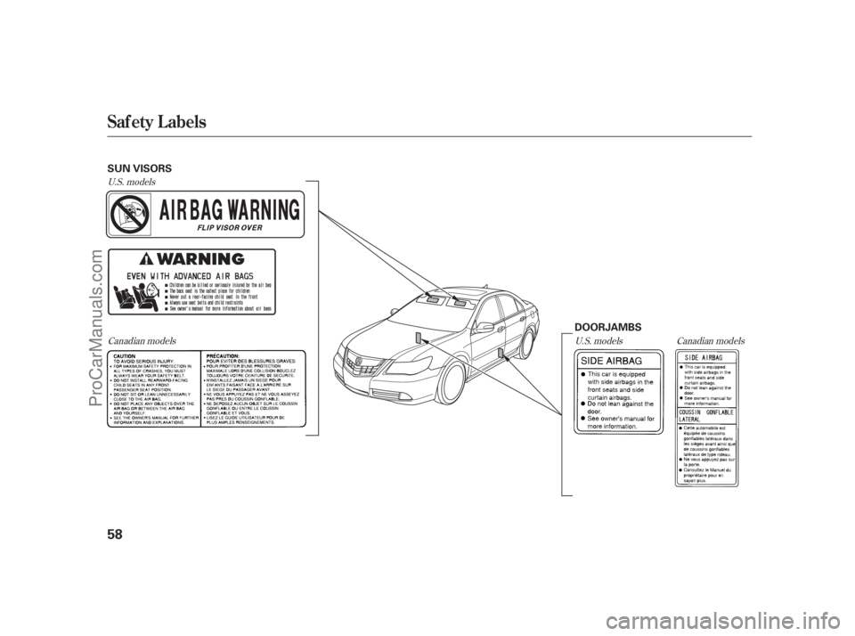 ACURA RL 2011 Repair Manual U.S. modelsCanadian models U.S. models Canadian models
Saf ety L abels
58
SUN VISORS
DOORJAMBS
10/09/08 21:18:36 31SJA660_063
ProCarManuals.com 