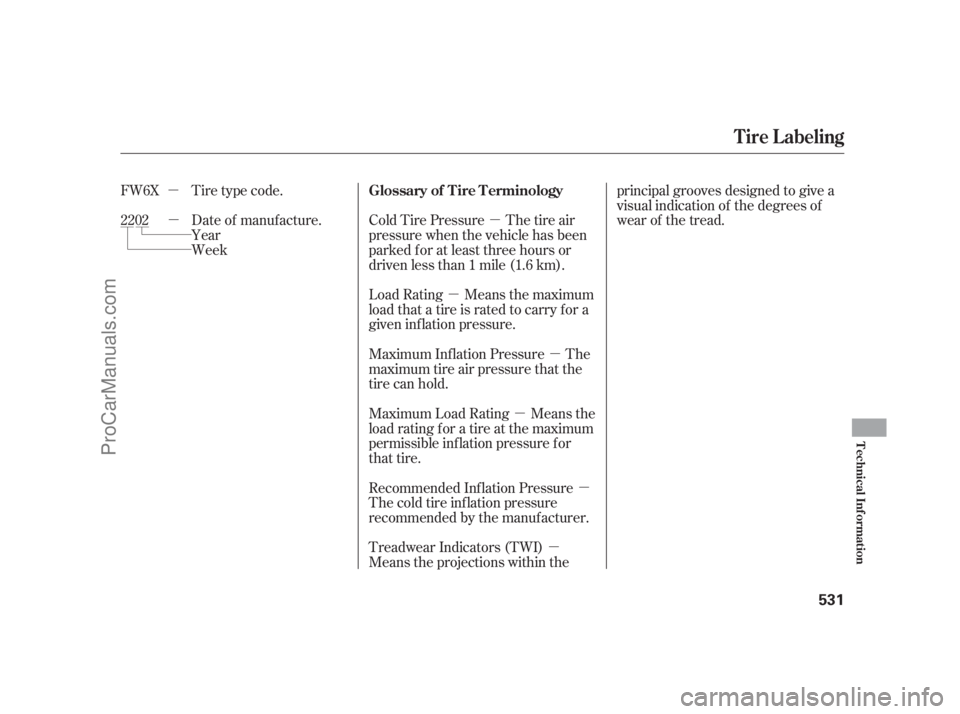 ACURA RL 2012  Owners Manual µ
µ
µ
µ
µ
µ µ
µTire type code.
Date of manufacture.
Year
WeekCold Tire Pressure The tire air
pressure when the vehicle has been
parked f or at least three hours or
driven less than 1 m